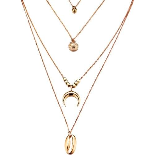 European and American Cross-Border New Shell Necklace Creative Retro Simple round Bead Shell Moon Pendant Multistory Necklace