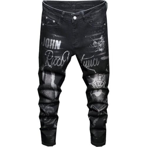 New mens male trousers Original design American small straight stretch jeans letter print black slim trendy denim pants 3003