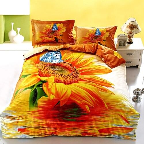 3D Golden Sunflower 4Pcs 100% Sanding Cotton Queen King Luxury Wedding Bedding set Blue Duvet Cover Set Bed sheet Pillowcase