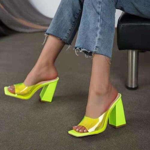 2021Fashion Candy Color Sandals Ladies Summer New Large Size Square Toe Thick Heel High Heel Sandals Slippers Women Slides Shoes