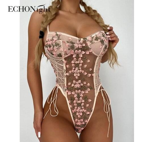 Echonight Bodysuit Women Lace Bodies For Women Floral Embroidery Lace up Bandage Female Jumpsuit Lace Body Sexy Woman Overalls