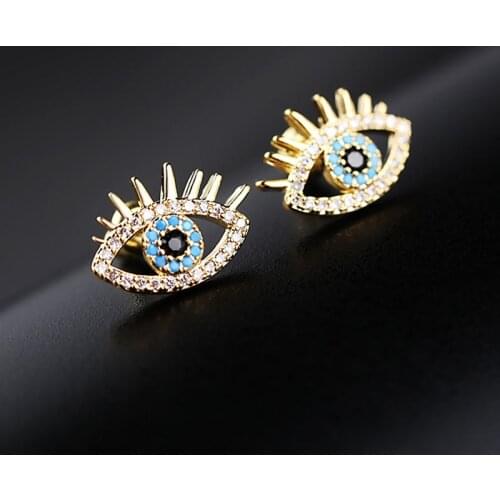SIPENGJEL Mini Blue Zircon Turkish Eye Stud Earrings Gold Silver Color Eye Shape Piercing Earrings For Women Jewelry Gift 2021