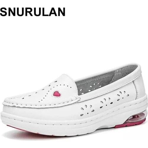 SNURULAN Waterproof Platform Sneakers Women Air Cushion Swing Shoes White Nurse Shoes Cowhide Non-slip Lady Loafers Hollow Wedge