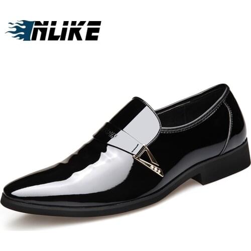 INLIKE Patent Leather Men Wedding Dress Shoes Slip on Shoes Round Toe Flat Business British Mens Shoes New Men Shoes