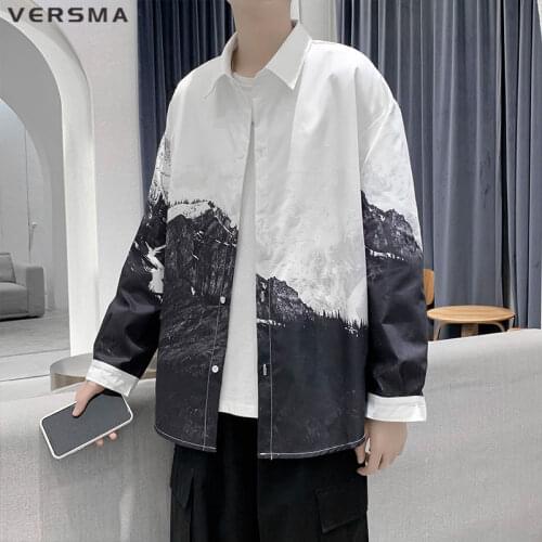 VERSMA Korean Ulzzang Retro Tie Dye Mountain Shirt Men Hip Hop Streetwear Rock Punk Long Sleeve Shirt Men Women Dropshipping 5XL