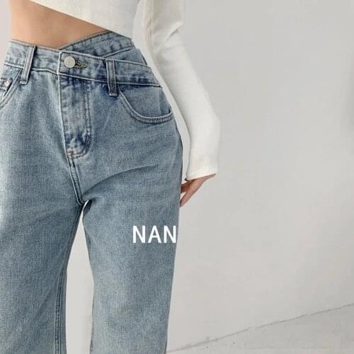 Design sense cross waist straight jeans womens spring summer high waist jeans drop floor pants pants