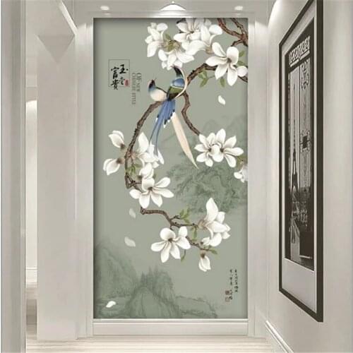 Custom 3d Murals New Chinese Ink landscape Magnolia flower Bird Entrance Self Adhesive wallpaper Decorative painting Waterproof