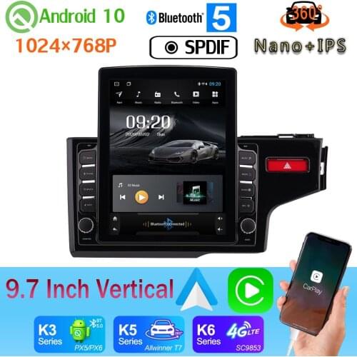 9.7" Vertical Tesla Android 10 Car Media Radio GPS PX6 4+64G For Honda Fit Jazz 2014-2020 LHD RHD 360 Camera Android auto SPDIF