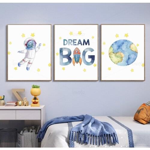 Dream Big Poster Earth Astronaut Art Print Space Theme Canvas Paintings In The Bedroom Blue Nursery Wall Art Kids Boy Room Decor