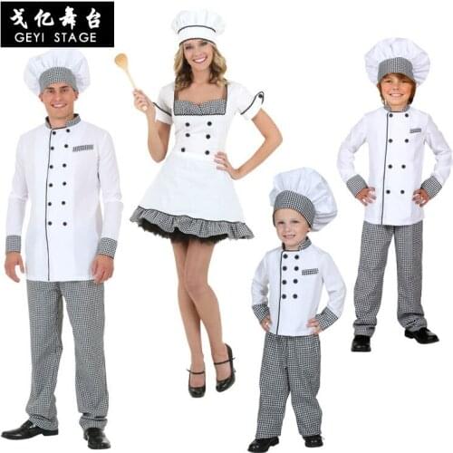 Kids Boys Chef Uniform Shirt+pants+cap Clothing Set Men Cosplay Costumes Adult women Masquerade dress Waitress Performance