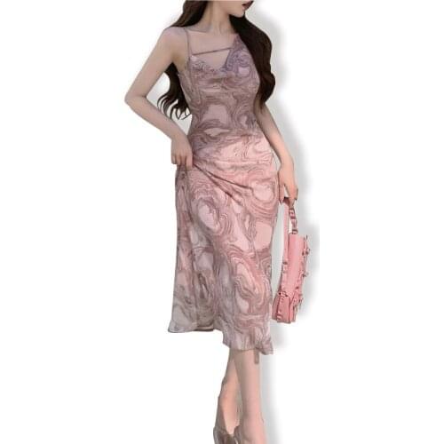 Retro Soft White Ink Printing Soft White Chiffon Suspender Dress 2021 Summer Travel Style Sleeveless Long Dresses Vestidos