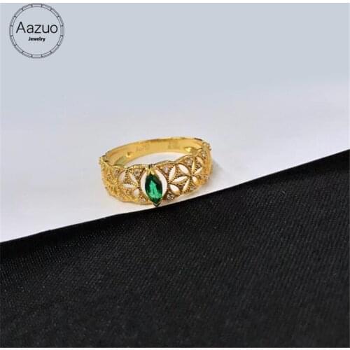 Aazuo Original Real 18K Yellow Gold Jewelry Real Diamond IJ SI 0.08ct Natural Emerald Horse Eye Ring gifted for Women Au750