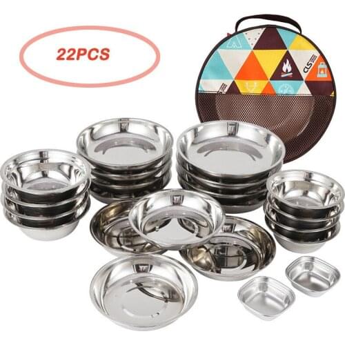 22PCS Stainless Steel Tableware Set Protable Multiple Size Flat Dishes Bowls Plates Camping Picnic BBQ Party Cooking Utensils