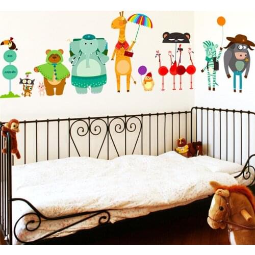 Cartoon Forest Animals Wall Stickers For Kids Rooms Nursery Children Room Decor Giraffe Bear Elephat Wall Decals Diy Mural Art