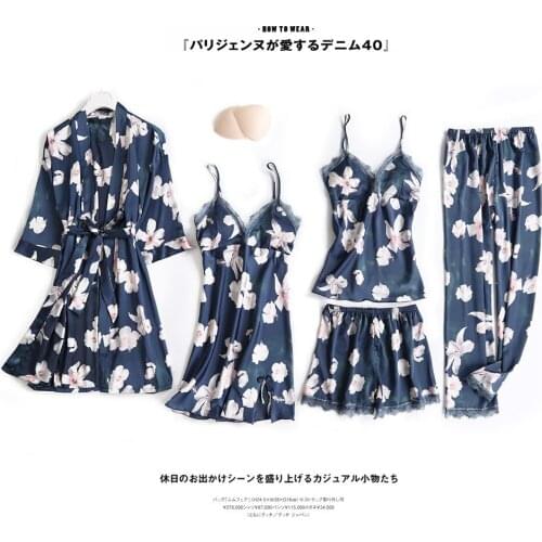5PCS Pjs Sets Pajamas Satin Print Flower Sleepwear Loose Kimono Robe Gown Suit With Breast Pads Summer Intimate Lingerie