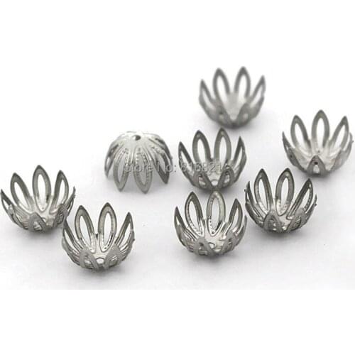 7.5x11.5mm Stainless Steel Filigree Hollow Flower Bead Cap 8 Prong Legs Connector Silver tone Spacer Beads DIY Finding Wholesale