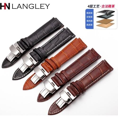 12/13/14/15/16/17/18/19/20/21/22/24 mm Genuine Leather Watch Band Stainless Steel Butterfly buckle Men Women Watch Band Strap