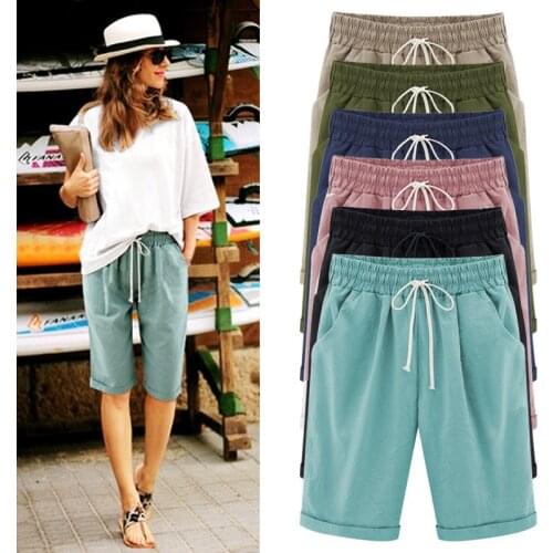 Large Size Summer Shorts Women Solid Pocket Elastic High Waist Cotton Casual Female Short Plus Size 7xl