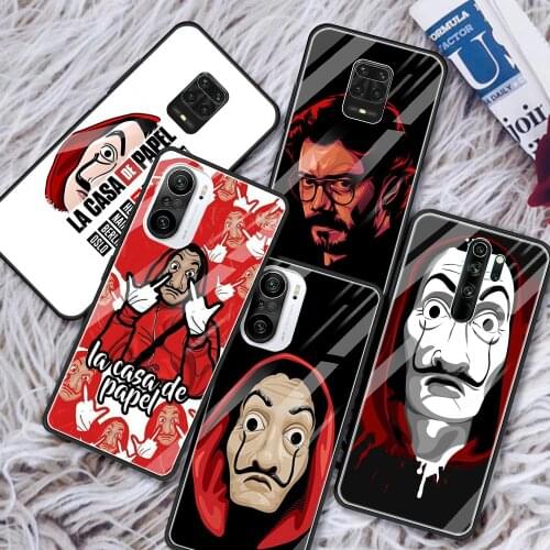 Glass Case For Redmi Note 10 9 9T 9S 8 8T 7 9A 8A K30 K40 Pro Max 5G Silicone Cover TV Money Heist House Paper La Casa de papel