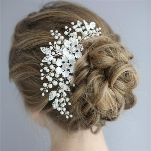 Floralbride Handmade Crystal Rhinestone Pearls Flower Leaf Wedding Hair Comb Bridal Headdress Hair Accessories Women Jewelry