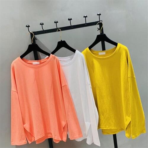 2020 Spring Summer White Sweatshirt For Women Solid Loose O-neck Long-sleeved Korean Style Simple Casual Orange Female Top Z126