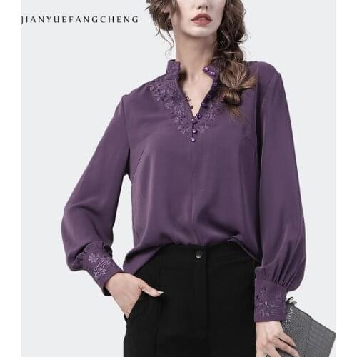 Vintage Women Purple Embroidered Long Sleeve Blouse Loose Stand-Up Collar Beaded Office Ladies Shirt 2021 Autumn New Elegant Top