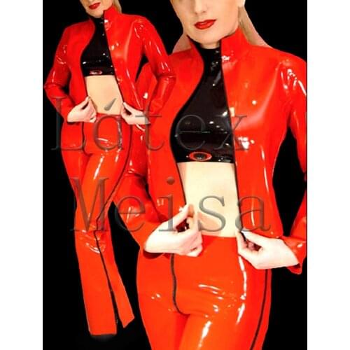 Bling 0.6mm thickness heavy short Fetish latex coat with front zip for women in red color