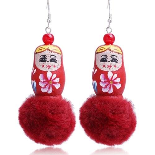 Fooderwerk Jewelry New Beautiful Russian Matryoshka Women Earrings Fashion Hair ball Drop Earrings Street Shooting Accessories