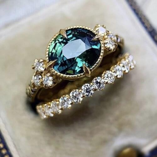 2021 Hot 2 Pcs/Set Vintage Gold Color Oval Green Zircon Rings For Women Trendy Female Jewelry Party Accessories Valentine Gifts