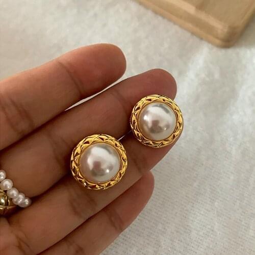 Brass With 18k Gold Geo Faux Pearl Stud Earrings Women Jewelry Party T Show Gown Runway Rare Korean Japan Trendy INS