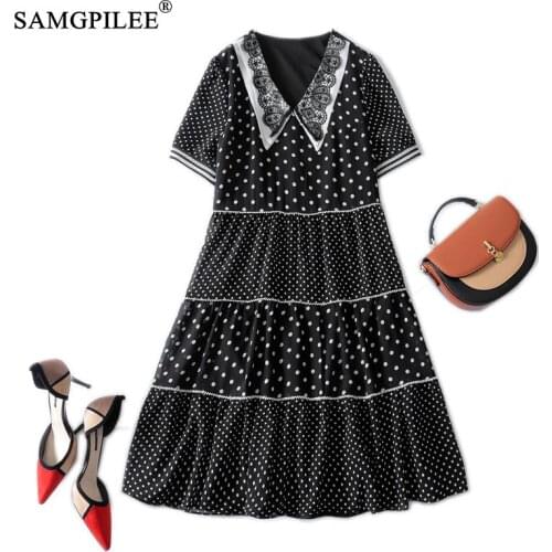 Summer Clothes For Women Light Luxury Beaded Cake Dress Peter Pan Collar Polka Dot Stitching Chiffon Short-sleeved Dresses Woman