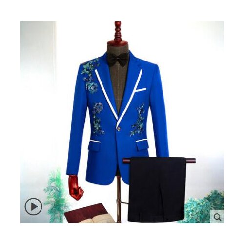Star style stage wedding clothing for men groom suit set with pants singer mens suits Sequin flower formal dress blue fashion