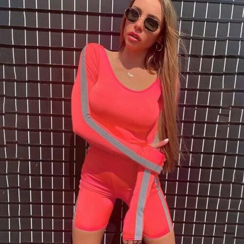 2019 Womens Sport Sets Side Reflective Stripe 2Pcs Long Sleeve Slim Crop Tops Stretch Bodycon Shorts Ladies Outfits Tracksuits