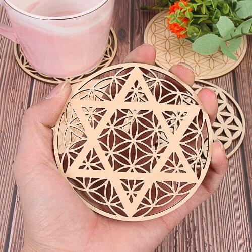 Chakra Flower of Life Natural Symbol Coaster Wood Round Edge Circles Carved Rattan Coaster Stone Crystal Set DIY Healing Decor