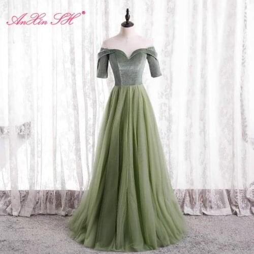 AnXin SH princess green velour lace evening dress vintage party boat neck short sleeve a line bride lace up evening dress