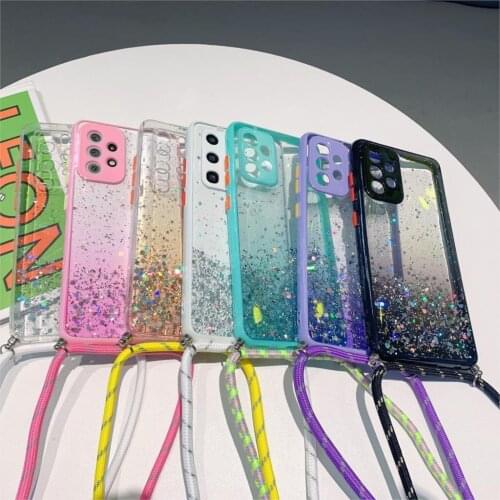 Strap Cord Chain Necklace Lanyard Phone Case For Samsung A32 A52 A72 A51 S21 Note 20 Ultra A20 Bling Glitter Star phone cover