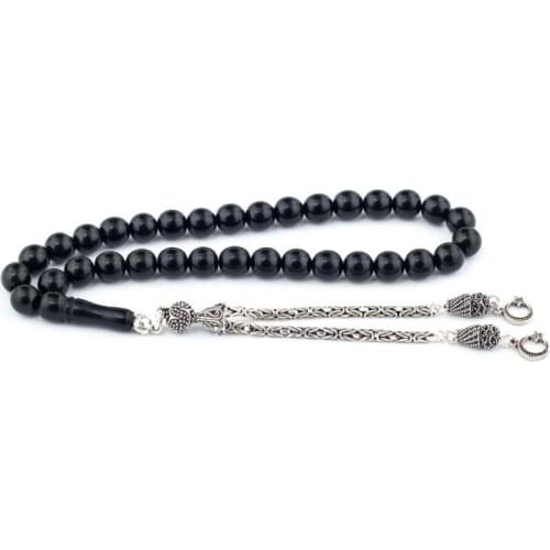 Natural Jet Stone Prayer Bead With Silver Tassel Men Rosary Islamic Tasbih With Double Crescent Star Tassel 925 Sterling Silver