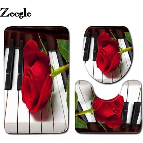 Flower Print Bath Mat Toilet Carpet Absorbent Toilet Seat Cushion Anti-slip Foot Rug and U-Shaped Toilet Rug Set Bathroom Carpet