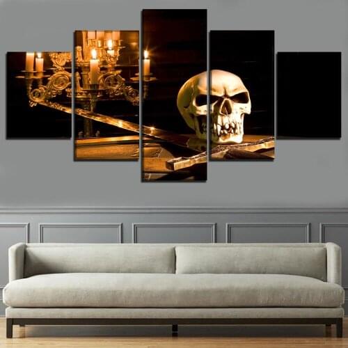 Home Decoration 5 Pieces Skulls And Swords Painting Canvas Art Printed Candlelight Poster Wall Decor Modular Picture Framework