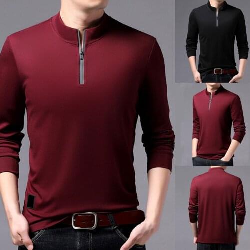 Solid Color t shirt Men Autumn Winter Long Sleeve Zipper Stand Collar T-shirts for Men Pullover Top Casual Male Cotton Tshirts