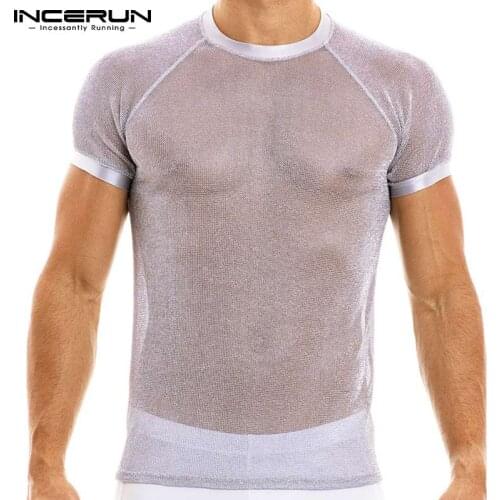 Men T Shirt Streetwear Mesh Patchwork See Through Sexy O Neck Short Sleeve Camisetas 2021 Party Nightclub Tee Tops S-5XL INCERUN