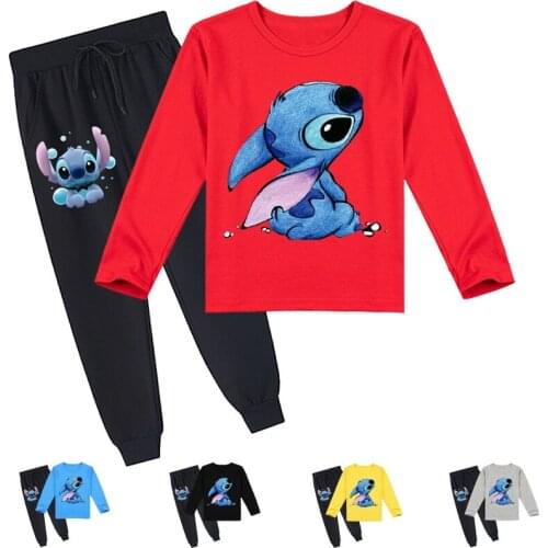 Stitch Spring Cute Toddler Kids Casual Outfits Baby Boys Girls Cartoon Long Sleeve Cotton T shirts Loose Pants 2Pcs Clothes Set
