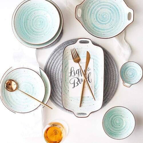 Hand Glaze Painted Pottery Blue Tableware Suit Household Charger Plates Steamed Rice Bowl Soup Salad Noodles Bowl 1pc