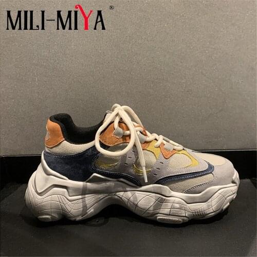MILI-MIYA Fashion Women Cow Suede Sneakers Lace Up Platform Round Toe Mixed Color Casual Street Shoes Plus Size 35-42 Handmade