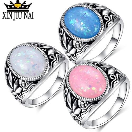 Male Female Big Pink/Blue/White Fire Opal Stone Ring Boho Fashion 925 Silver Jewelry Vintage Wedding Rings For Men And Women