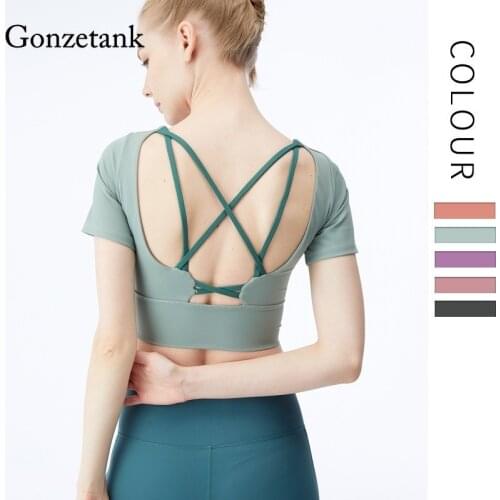 2021 New Short Sleeved T-shirt With Chest Pad Beauty Back Female Yoga Clothes Nude Feel Stretch Slim Sports Top Womens Workout