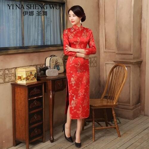 New Improve Chinese long Elegant Tight Dress Print Cheongsam Show T_shirt Cheongsam Dress Elegant Satin Wedding Dress