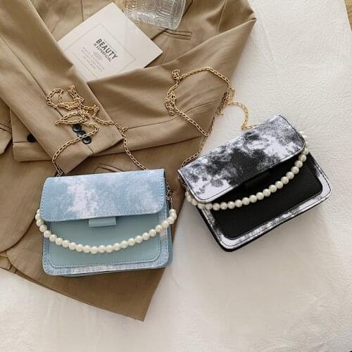 New Fashion Tie Dye Printing Women Shoulder Bags PU Leather Messenger Bags Casual Ladies Pearl Chain Small Crossbody Handbags