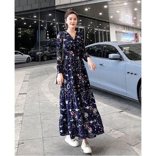 Korean Floral Print Long Dress Women 2021 Spring Autumn Chic One Piece Lady Dress Vintage Ankle Length V Neck Slim Fit Vestidos