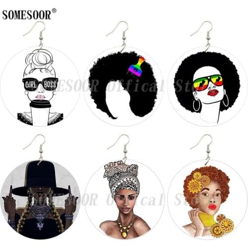 SOMESOOR Cool Girl Boss Afro Curls Hair Artstic Wooden Drop Earrings African Ethnic Headwrap Comb Printed Loops For Women Gift